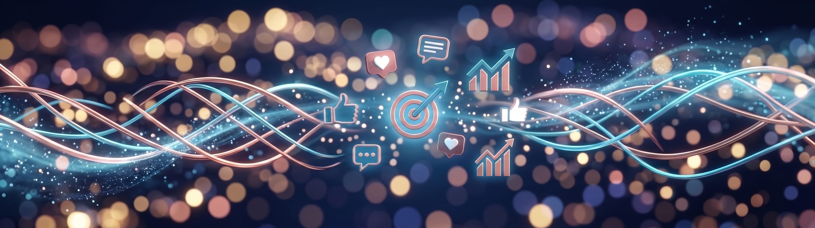 Icone social e grafici di crescita su scie luminose