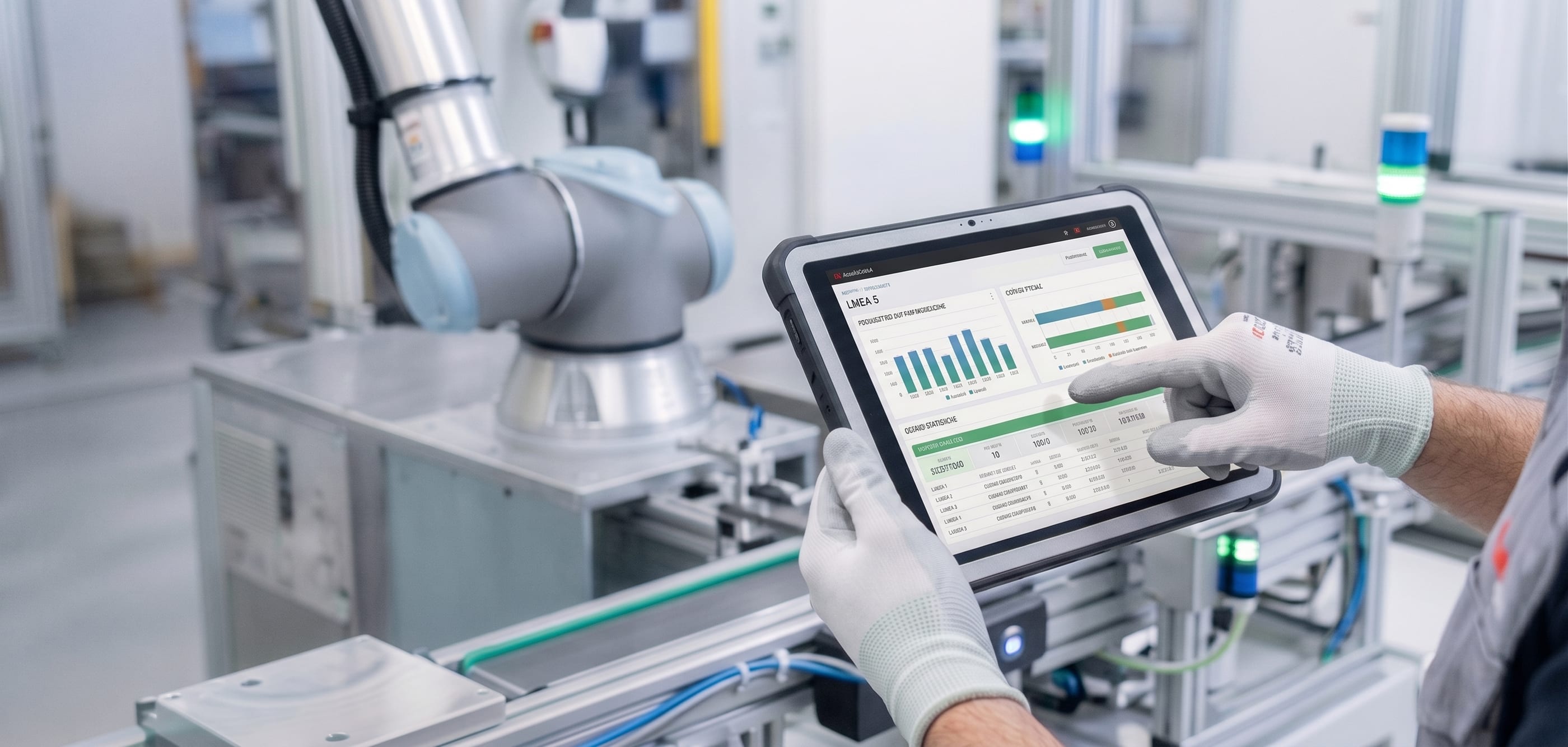 Reparto produttivo: operatore con tablet accanto a un braccio robotico